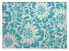 2' X 3' Teal and Ivory Floral Washable Non Skid Indoor Outdoor Area Rug