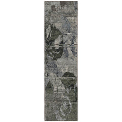 8' Runner Gray Dark Green and Black Floral Washable Non Skid Indoor Outdoor Runner Rug