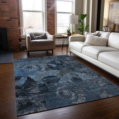 3' X 4' Blue and Dark Blue Floral Washable Non Skid Indoor Outdoor Area Rug