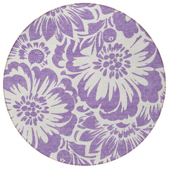 8' Round Purple and Ivory Round Floral Washable Non Skid Indoor Outdoor Area Rug