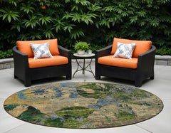 8' Round Taupe Blue and Green Round Floral Washable Non Skid Indoor Outdoor Area Rug