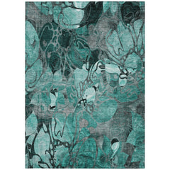 10' X 14' Teal Black and Gray Floral Washable Non Skid Indoor Outdoor Area Rug