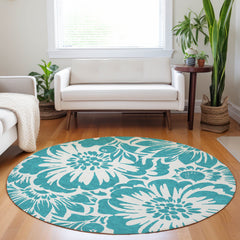 8' Round Teal and Ivory Round Floral Washable Non Skid Indoor Outdoor Area Rug