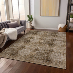10' X 14' Taupe Floral Medallion Washable Non Skid Indoor Outdoor Area Rug
