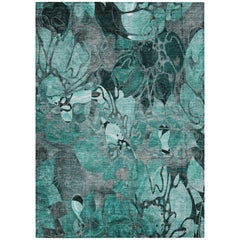 9' X 12' Teal Black and Gray Floral Washable Non Skid Indoor Outdoor Area Rug