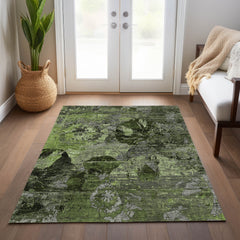 3' X 5' Green and Gray Floral Washable Non Skid Indoor Outdoor Area Rug