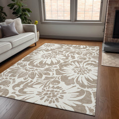 3' X 4' Taupe and Ivory Floral Washable Non Skid Indoor Outdoor Area Rug