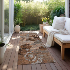 8' Runner Brown Terracotta and Gray Floral Washable Non Skid Indoor Outdoor Runner Rug