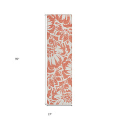 8' Runner Salmon and Ivory Floral Washable Non Skid Indoor Outdoor Runner Rug