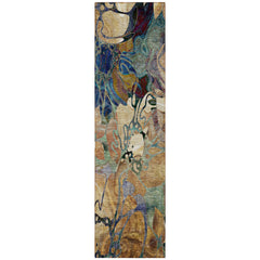 8' Runner Beige and Blue Floral Washable Non Skid Indoor Outdoor Runner Rug