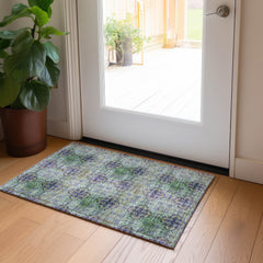 2' X 3' Purple and Green Floral Medallion Washable Non Skid Indoor Outdoor Area Rug