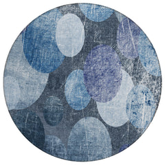 8' Round Gray and Blue Round Abstract Washable Non Skid Indoor Outdoor Area Rug