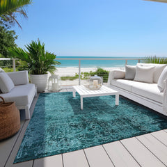 9' X 12' Teal Abstract Washable Non Skid Indoor Outdoor Area Rug
