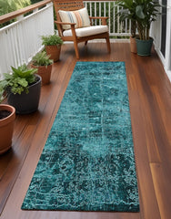 8' Runner Teal Abstract Washable Non Skid Indoor Outdoor Runner Rug