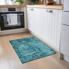 2' X 3' Teal Abstract Washable Non Skid Indoor Outdoor Area Rug