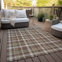 8' X 10' Chocolate and Ivory Plaid Washable Non Skid Indoor Outdoor Area Rug