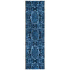 8' Runner Navy and Gray Floral Medallion Washable Non Skid Indoor Outdoor Runner Rug
