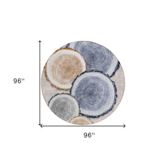 8' Round Beige Blue and Gold Round Faux Bois Washable Non Skid Indoor Outdoor Area Rug