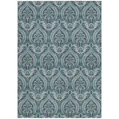 9' X 12' Teal Damask Washable Non Skid Indoor Outdoor Area Rug