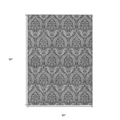 5' X 8' Gray Damask Washable Non Skid Indoor Outdoor Area Rug
