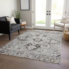 3' X 4' Ivory and Dark Brown Oriental Washable Non Skid Indoor Outdoor Area Rug