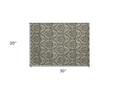 2' X 3' Taupe and Beige Damask Washable Non Skid Indoor Outdoor Area Rug