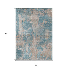 3' X 4' Teal and Taupe Abstract Washable Non Skid Indoor Outdoor Area Rug
