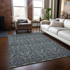 3' X 4' Blue and Cream Damask Washable Non Skid Indoor Outdoor Area Rug