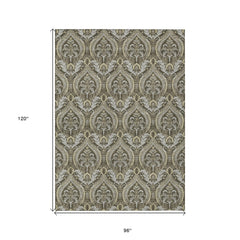 8' X 10' Taupe and Beige Damask Washable Non Skid Indoor Outdoor Area Rug