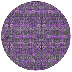 8' Round Purple and Green Round Floral Washable Non Skid Indoor Outdoor Area Rug