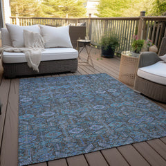 3' X 5' Blue and Coffee Floral Washable Non Skid Indoor Outdoor Area Rug