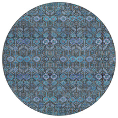 8' Teal Round Floral Washable Non Skid Area Rug With UV Protection