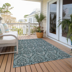3' X 4' Teal Damask Washable Non Skid Indoor Outdoor Area Rug