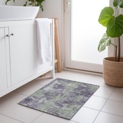 2' X 3' Purple and Green Abstract Washable Non Skid Indoor Outdoor Area Rug