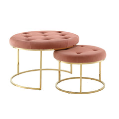 Set of Two Blush Velvet and Gold Tufted Round Ottoman