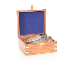 Rustic Brass And Leather Binoculars In Wood Storage Box
