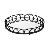 20" Matte Black Metal Half Circles And Mirrored Glass Round Tray