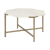 33" White And Gold Genuine Marble Octagon Coffee Table