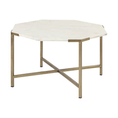 33" White And Gold Genuine Marble Octagon Coffee Table