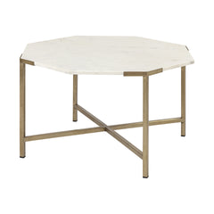 33" White And Gold Genuine Marble Octagon Coffee Table