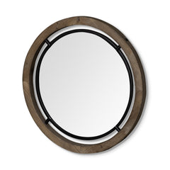 28" Brown Wood And Black Metal Double Frame Wall Mirror