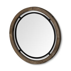 28" Brown Wood And Black Metal Double Frame Wall Mirror