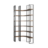 Curved Dark Brown Wood And Black Iron 6 Shelving Unit