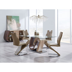 Oak And Walnut Two Toned Geometrical Base With Glass Top Dining Table