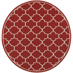 8’ Round Red And Ivory Trellis Indoor Outdoor Area Rug