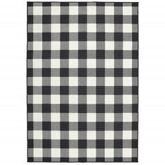 8’X11’ Black And Ivory Gingham Indoor Outdoor Area Rug