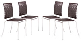 Set of Four Brown Faux Leather and Steel Modern Basket Weave Dining Chairs