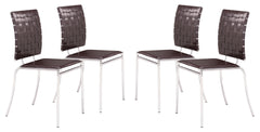 Set of Four Brown Faux Leather and Steel Modern Basket Weave Dining Chairs