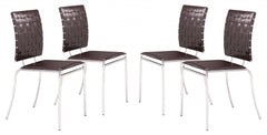 Set of Four Brown Faux Leather and Steel Modern Basket Weave Dining Chairs