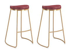 Set Of Two 31" Burgundy And Gold Steel Backless Bar Height Chairs With Footrest